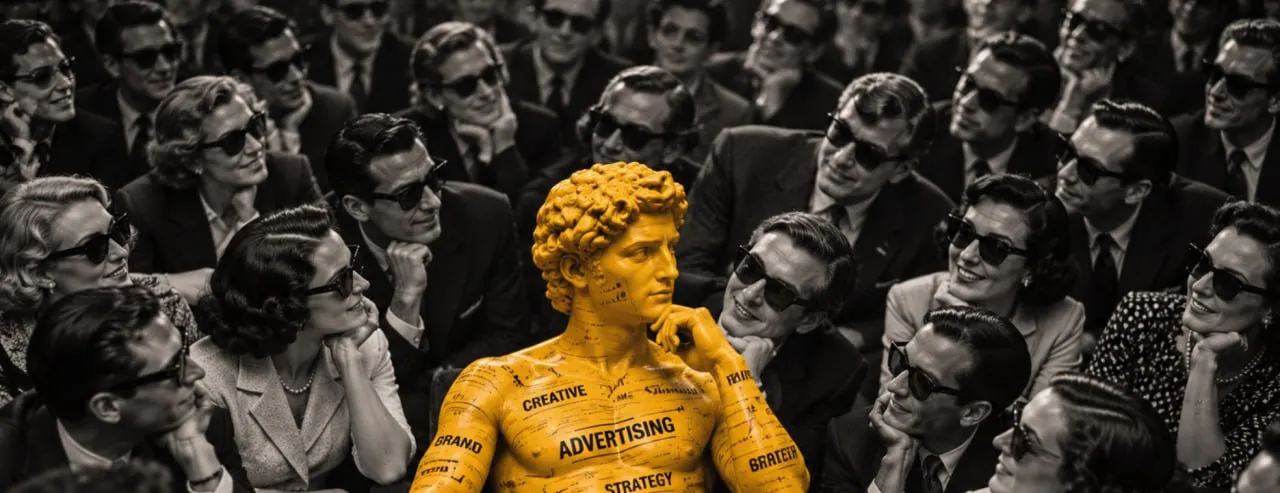 A gold statue covered in creative, advertising and strategy words stands out in a black-and-white crowd wearing sunglasses