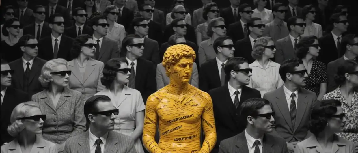 A single gold figure in a monochrome audience wearing white glasses