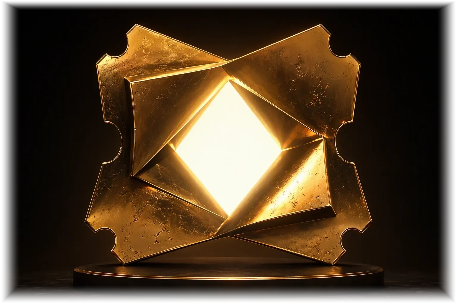 A sculptural gold ticket surrounding a luminous opening