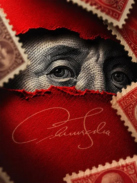 Red currency-inspired graphic collage