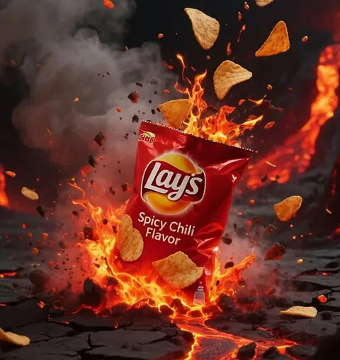 Lay's Spicy Chili Flavor chip bag bursting from lava - product ad creative