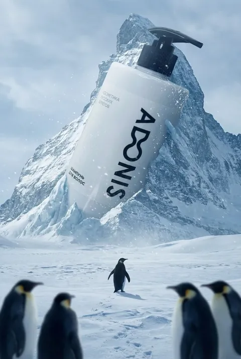 Pump-bottle personal-care creative in an icy landscape