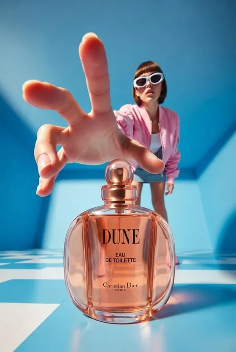 Dune fragrance creative in a bright architectural setting